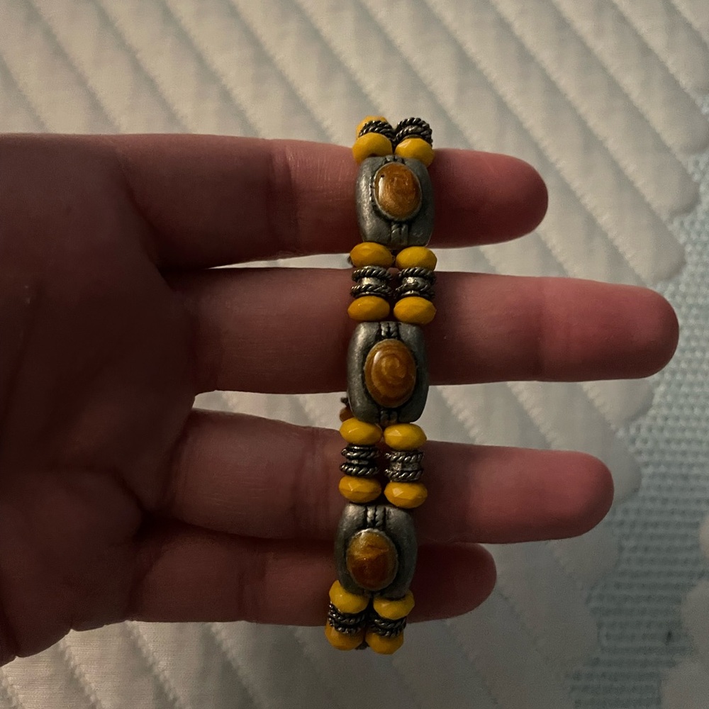 Yellow, brown and silver tone Beaded Bracelet